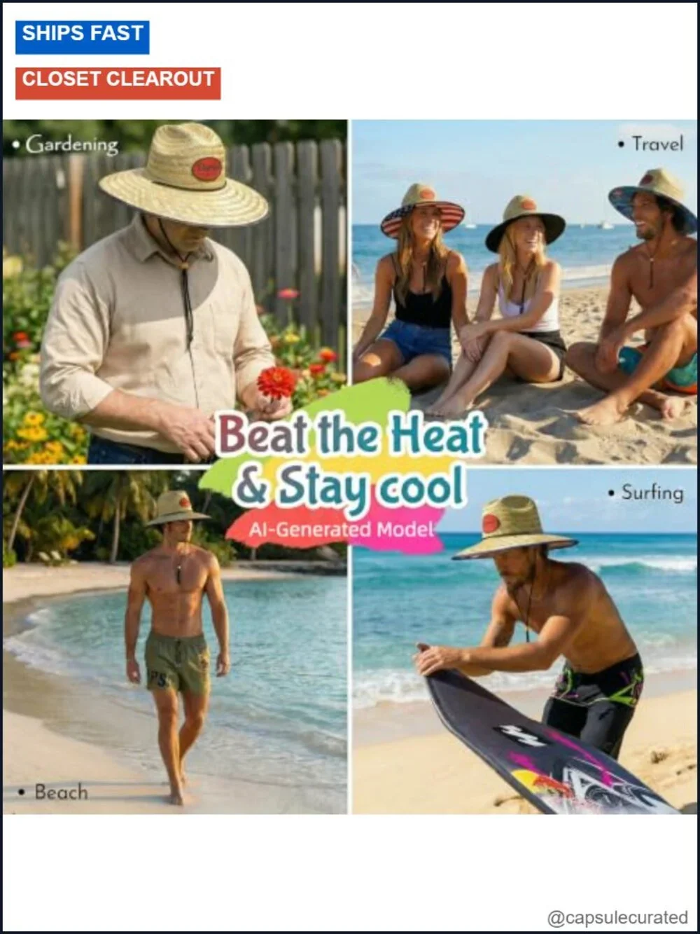 Straw Sun Hat with Wide Brim, Unisex, Lightweight, Breathable